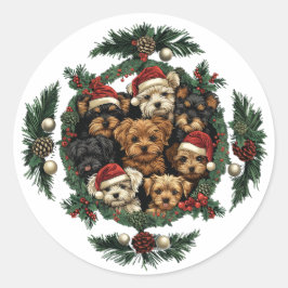 Pegatina Redonda Feliz Navidad Yorkshire Terrier Dogs