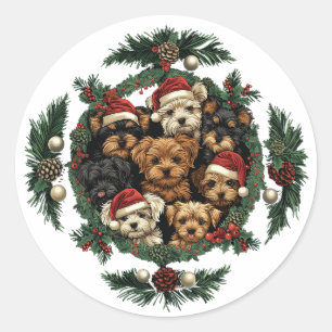 Pegatina Redonda Feliz Navidad Yorkshire Terrier Dogs