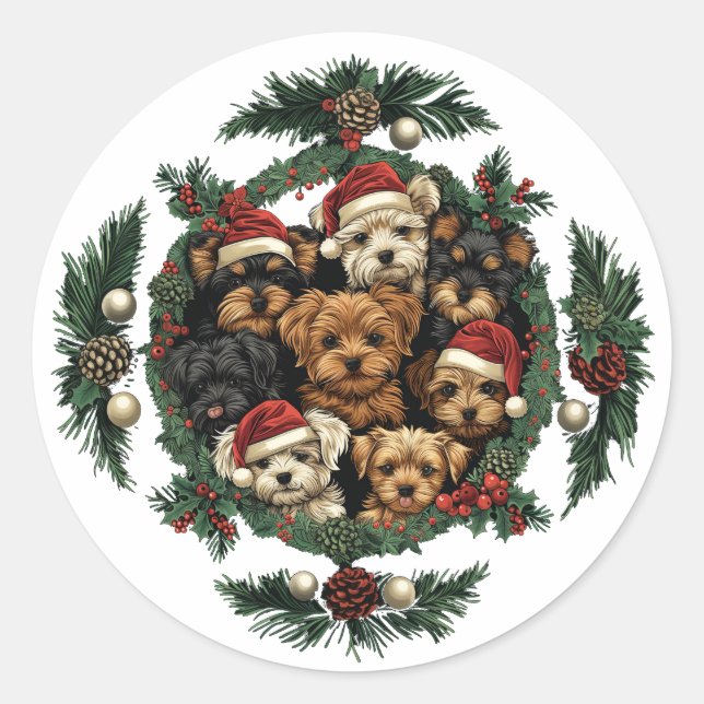 Pegatina Redonda Feliz Navidad Yorkshire Terrier Dogs (Anverso)