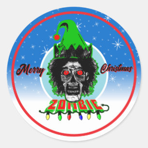 Pegatina Redonda Feliz Navidad Zombie Círculo Azul