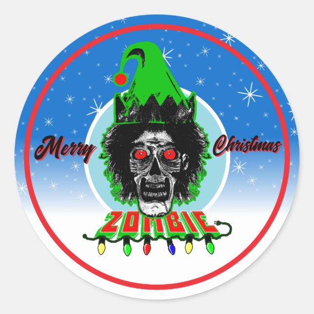 Pegatina Redonda Feliz Navidad Zombie Círculo Azul (Anverso)