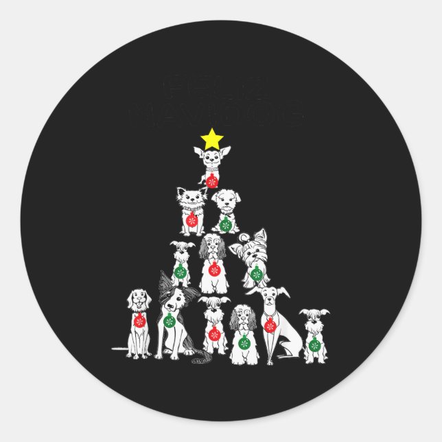 Pegatina Redonda Feliz Navidog Funny Christmas Dog Cute Xmas Tree D (Anverso)