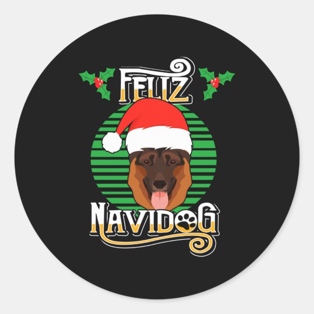 Pegatina Redonda Feliz Navidog German Shepherd Dog Holiday Merry Ch (Anverso)