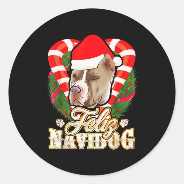 Pegatina Redonda Feliz Navidog Tbull With Santa Claus Hat Ttie Chri (Anverso)