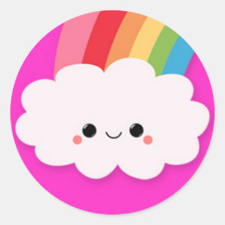 Pegatina Redonda Feliz nube arcoiris en rosa caliente