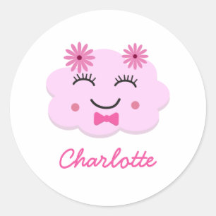 Pegatina Redonda Feliz nube kawaii rosa personalizada con nombre  
