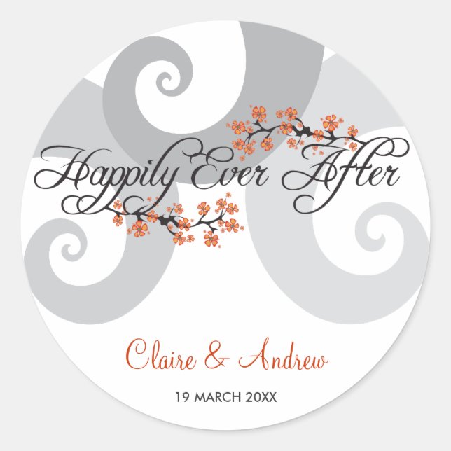 Pegatina Redonda Feliz Nunca Después De Hibiscus Espiral Waves Boda (Anverso)