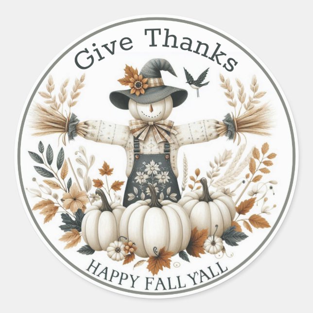 Pegatina Redonda Feliz otoño, le darás gracias a Cute Scarecrow (Anverso)