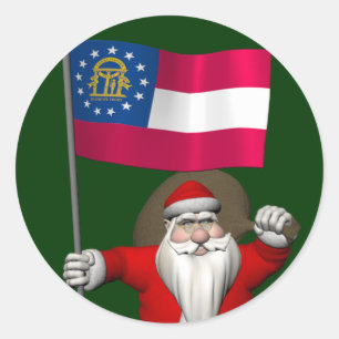 Pegatina Redonda Feliz Papá Noel Con Bandera De Georgia