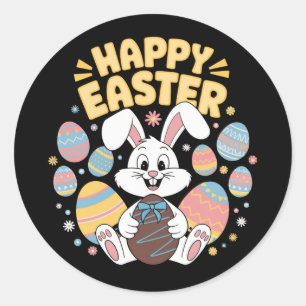 Pegatina Redonda Feliz Pascua 2025  Huevos Conejo Conejito Lindo