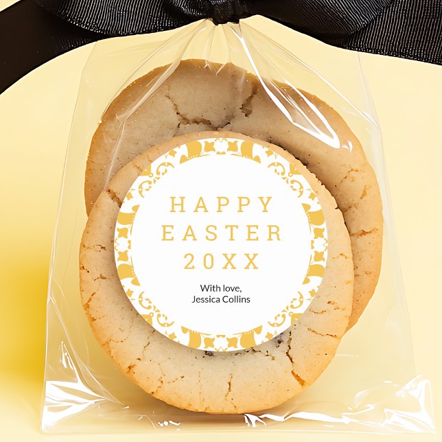 Pegatina Redonda Feliz Pascua Amarillo Elegante Personalizado de Pa (Happy Easter Yellow Elegant Floral Pattern Custom Classic Round Sticker)