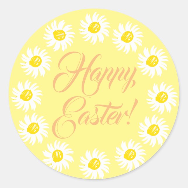 Pegatina Redonda Feliz Pascua amarillo lindo día marrón floral dive (Anverso)