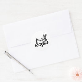 Pegatina Redonda Feliz Pascua, Arejas Conejitas En Texto Negro