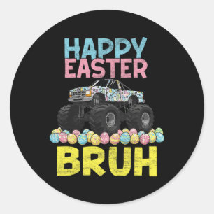 Pegatina Redonda Feliz Pascua Bruh Gracioso Monstruo Camión Conejo