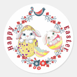 Pegatina Redonda Feliz Pascua Bunny Egg Floral Wreath Bird