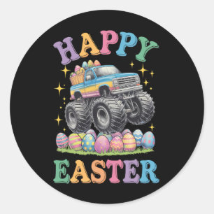 Pegatina Redonda Feliz Pascua Camión Monstruo Divertido Aplasta Hue
