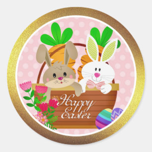Pegatina Redonda Feliz Pascua, cesta de conejito lindo y huevos col