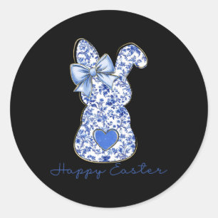 Pegatina Redonda Feliz Pascua Chinoiserie Floral Conejo Lindo Azul