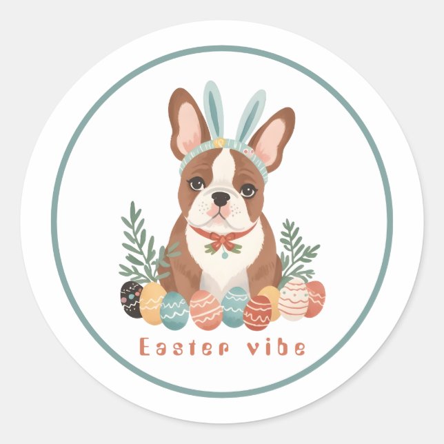 Pegatina Redonda Feliz Pascua con el Bulldog francés en las orejas  (Anverso)