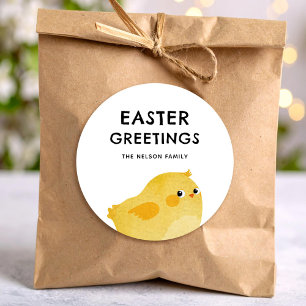 Pegatina Redonda Feliz Pascua con pequeño pollo amarillo
