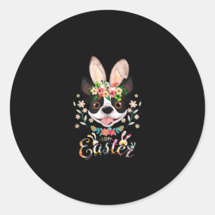 Pegatina Redonda Feliz Pascua Conejito Boston Terrier Amantes con E
