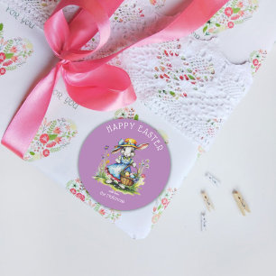 Pegatina Redonda Feliz Pascua Conejo Añejo Acuarela Morado Huevos