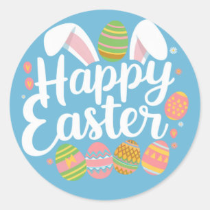 Pegatina Redonda Feliz Pascua de Resurrección Conejo Huevo Fiesta