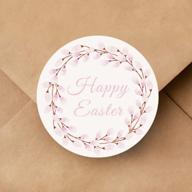 Pegatina Redonda Feliz Pascua de Sauce Rosado Lindo (Cute Pink Willow Happy Easter Classic Round Sticker)