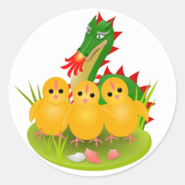 Pegatina Redonda Feliz Pascua de tres pollitos y el Dragón de Mons