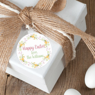 Pegatina Redonda Feliz Pascua Elegante Floral Rosa Gracias