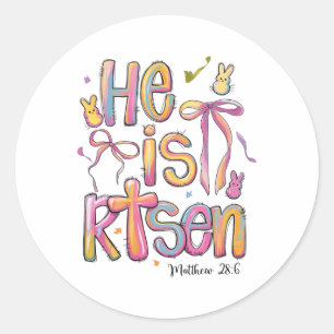Pegatina Redonda Feliz Pascua, es un conejo naciente Jesús Christia