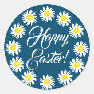 Pegatina Redonda Feliz Pascua, escritura azul verde azulado lindo d