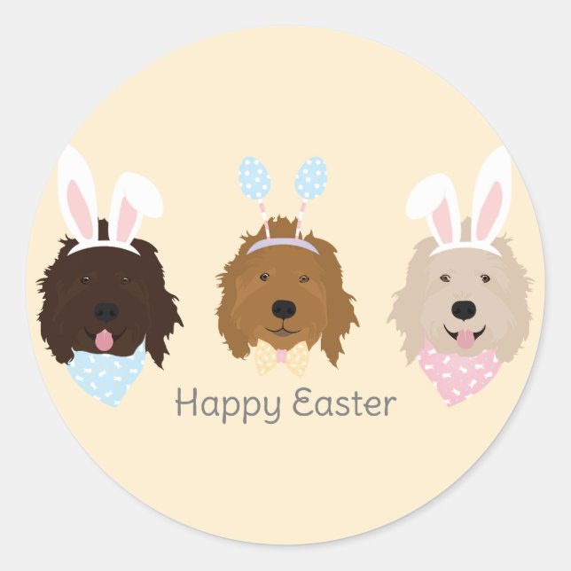 Pegatina Redonda Feliz Pascua Goldendoodle Dogs (Anverso)