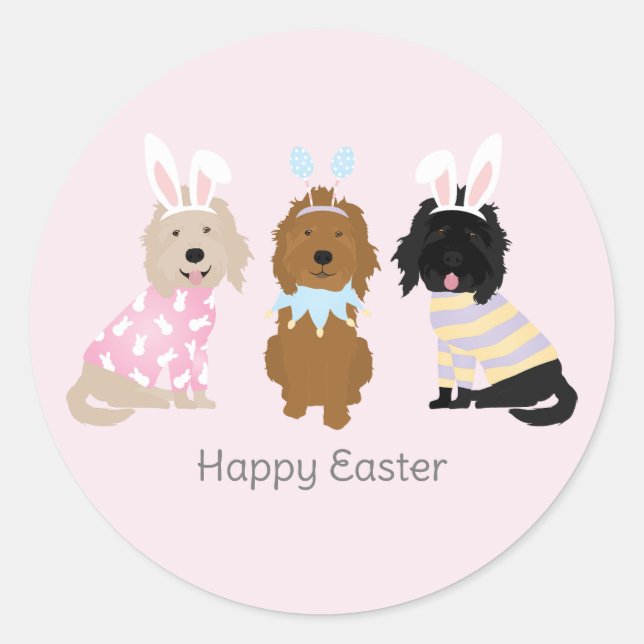 Pegatina Redonda Feliz Pascua Goldendoodle Dogs (Anverso)