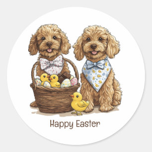Pegatina Redonda Feliz Pascua Goldendoodle Perro Cesta de Pascua