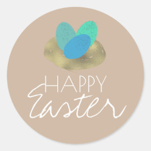 Pegatina Redonda Feliz Pascua Huevo Moteado Nido de Pascua Fiesta