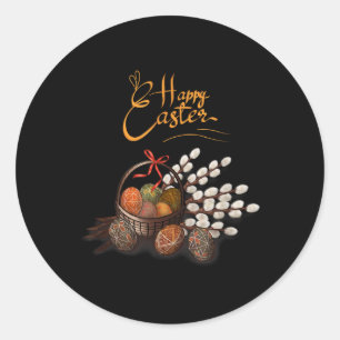 Pegatina Redonda Feliz Pascua; Huevos Tradicionales Ucranianos Y Wi