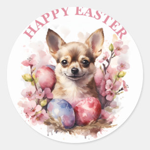 Pegatina Redonda Feliz Pascua Huevos y Flores Chihuahua -