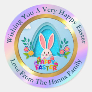 Pegatina Redonda Feliz Pascua I Conejo personalizado y floral de pr