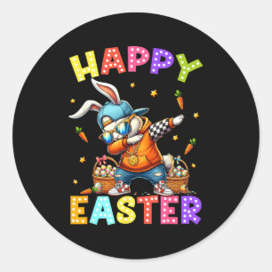 Pegatina Redonda Feliz Pascua Loco Conejo Dab Danzante