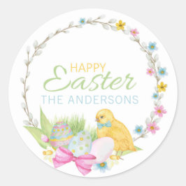 Pegatina Redonda Feliz Pascua Moderna De Pollo Huevos Floral Wreath