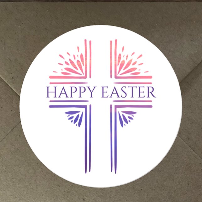 Pegatina Redonda Feliz Pascua Moderna Personalizado Cruz Cristiana  (Decorate Easter cards and gifts with these beautiful unique  Christian cross Happy Easter stickers
)