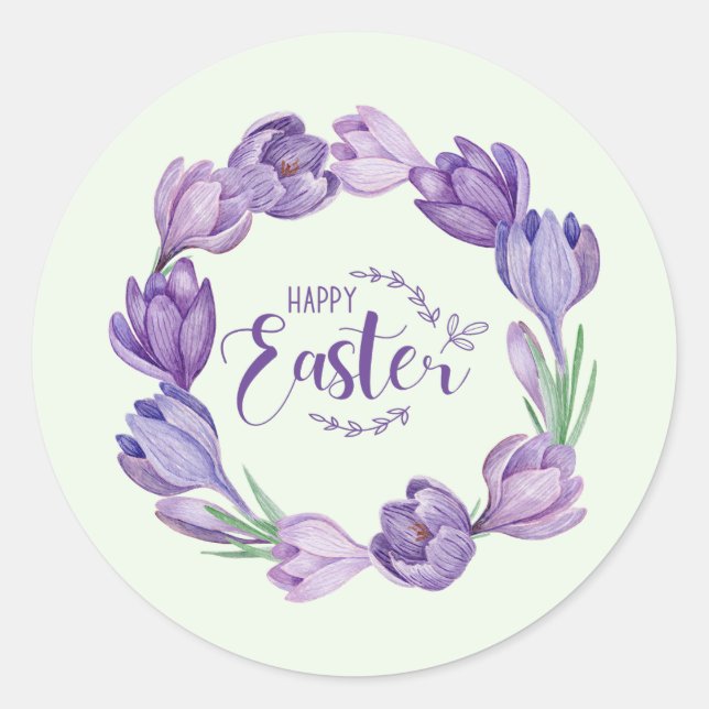 Pegatina Redonda Feliz Pascua Morada Crocus Flower Wreath (Anverso)