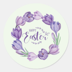 Pegatina Redonda Feliz Pascua Morada Crocus Flower Wreath