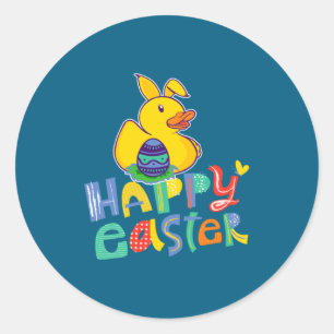 Pegatina Redonda Feliz Pascua Pato de Goma Orejas de Conejo Huevos