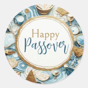 Pegatina Redonda Feliz Pascua Placa Seder de Ágata Azul Dorada