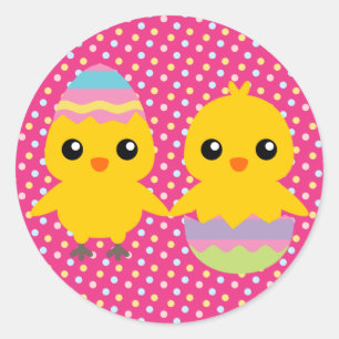 Pegatina Redonda Feliz Pascua Pollitos Lindos
