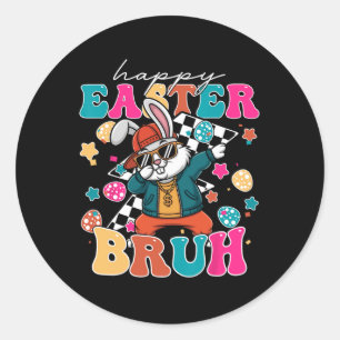Pegatina Redonda Feliz Pascua Retro Bruh Conejito Danzón Infantil