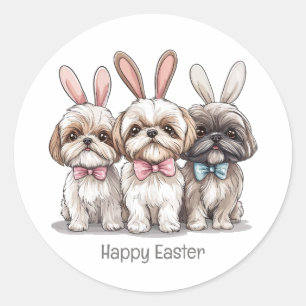 Pegatina Redonda Feliz Pascua Shih Tzu Dogs