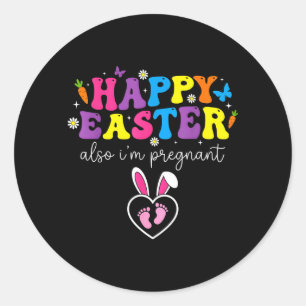Pegatina Redonda Feliz Pascua También Huellas de Bebé Embarazada